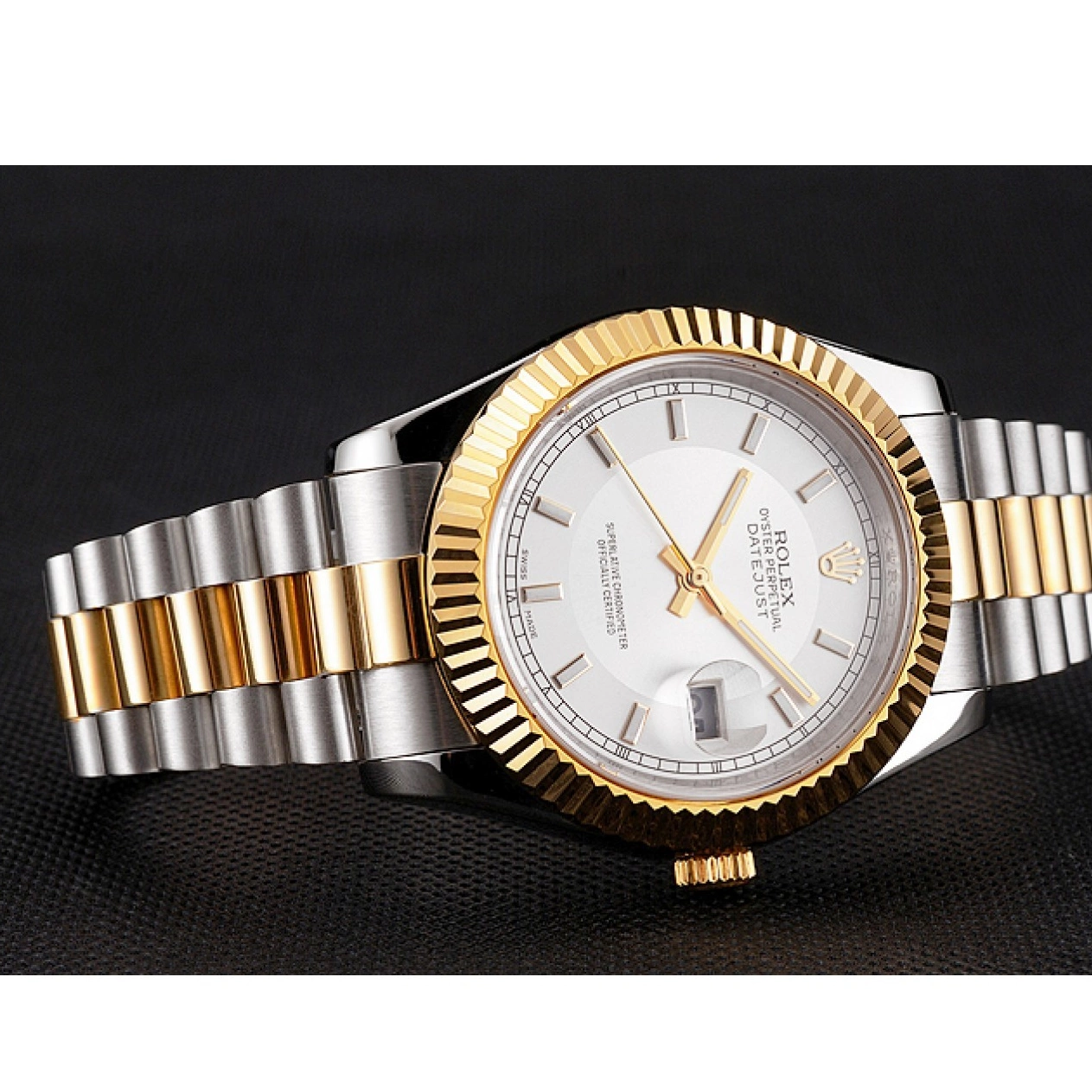 Aaa replica watch Rolex White Two Gold Tone Case Swiss Stainless Steel Bezel Bracelet Datejust Gold Dial 0806